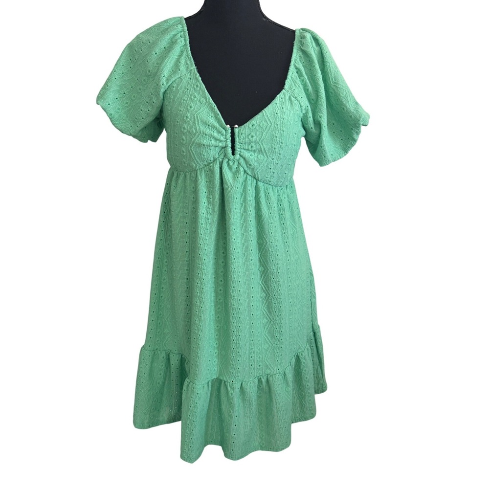 Derek Heart Womens Cottagecore Green Smocked Eyelet Babydoll Mini Dress Size M